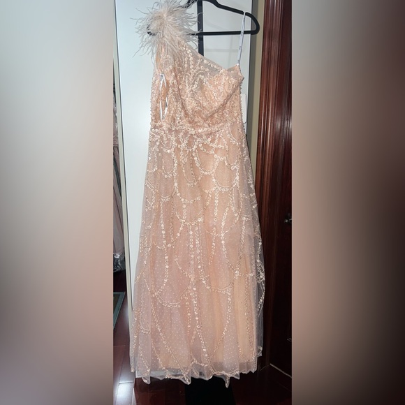 Feathered one shoulder A-line embroidered long gown - Picture 6 of 11